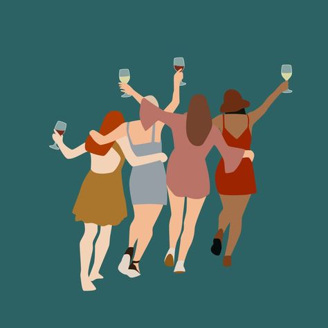 Digital vector illustration featuring a group of female friends each holding a glass of wine. Commission for Coffee to Wine, a fun lifestyle brand for moms. 4 Women Friends, Drawings Of Friends Group Of 4, Four Friends Illustration, Group Of Women Illustration, Two Friends Illustration, Four Friends Drawing, Illustration Art Friends Group, 4 Friends Illustration, Friends Graphic Design