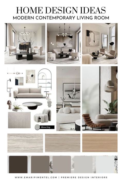 Modern Contemporary Mood Board, Living Room Moodboard, Mood Board Living Room, Modern Contemporary Interior Design, Square Building, Room Moodboard, Modern Contemporary Living, Materials Board Interior Design, Mood Board Interior