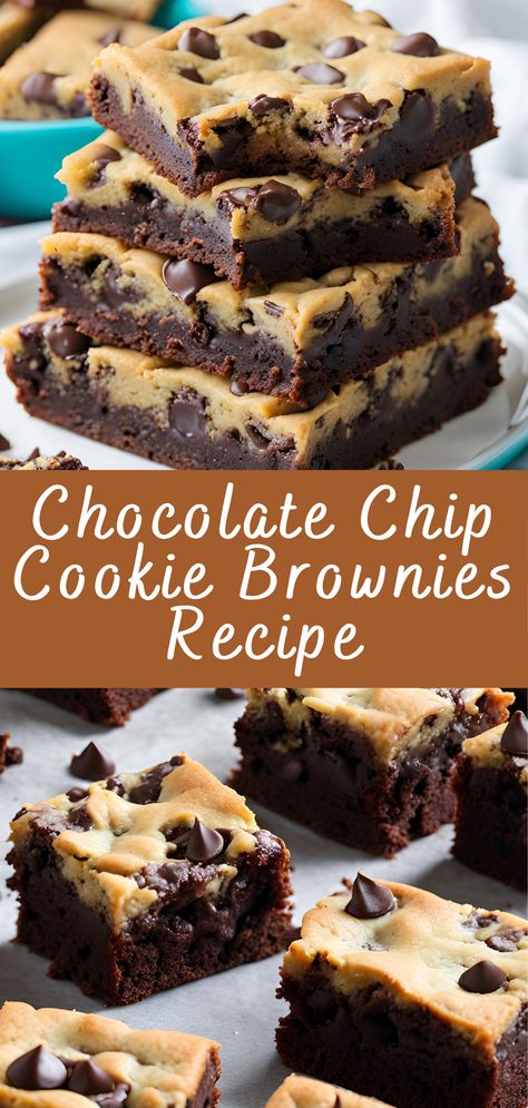 Chocolate Chip Cookie Brownies Recipe | Cheff Recipes Brownie Recipes Cookie Dough, Brownie Chocolate Chip Cookie Bars Easy, Brownies With Cookies Inside, Desserts Made With Chocolate Chips, Different Flavored Brownies, Chocolate Chip Cookies And Brownies, Chocolate Chip Brownie Recipes, Brownie Sandwich Cookies, Easy Dessert With Chocolate Chips