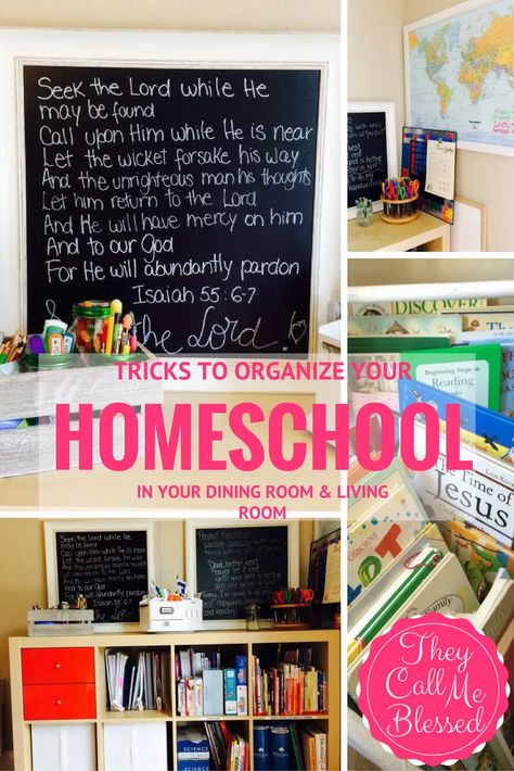 7 Tricks to Organize Your Homeschool in Your Dining Room | They Call Me Blessed Homeschool Room Decor, Homeschool Room Design, Homeschool Room Organization, Homeschool Space, Movie 43, Homeschool Supplies, Homeschool Decor, Homeschool Room, Homeschool Inspiration