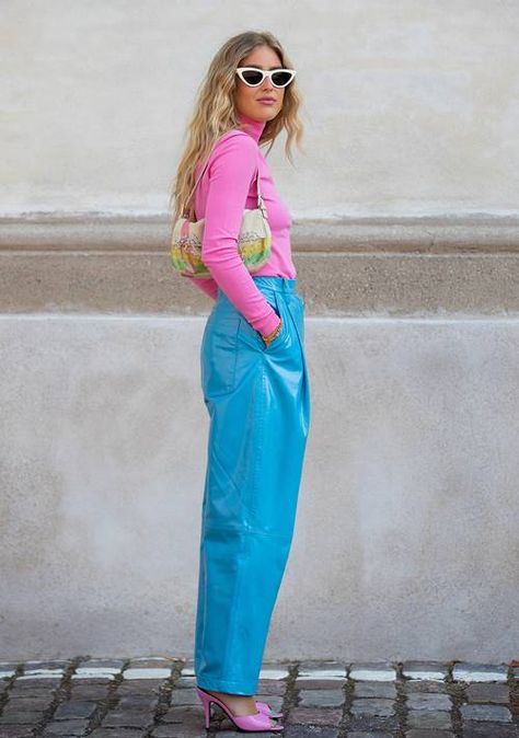 8 Trends That Are the Talk of Copenhagen This August | Who What Wear UK Pop Of Color Street Style, Hot Pink Fashion Outfits, Bright Blue Pants Outfit Women, Colourful Everyday Outfits, Blue Pants Street Style, Hot Pink And Blue Outfit, Colorful Sneakers Outfit Street Style, Colourful Copenhagen Style, Colourful Office Outfits