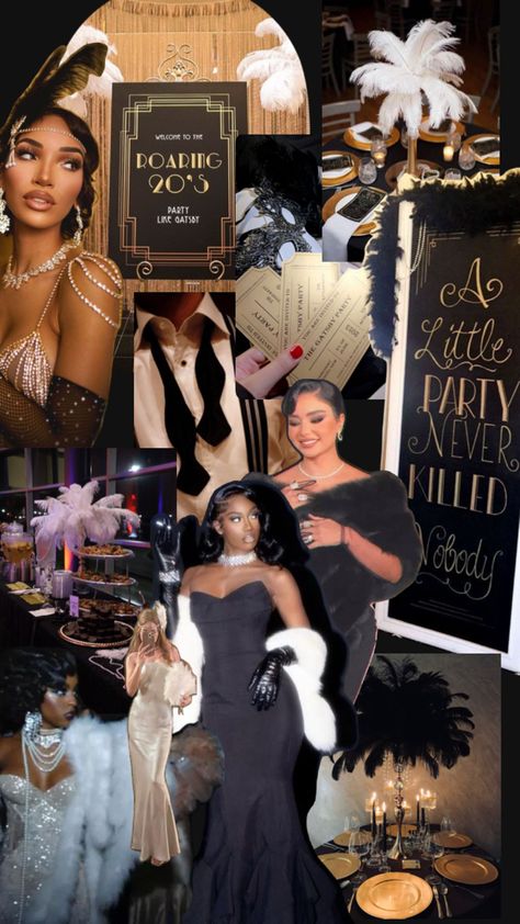 the great gatsby Gatsby Party Outfit Black Women, Harlem Nights Aesthetic, Jazz Themed Party Outfit, Old Hollywood Theme Party Outfit, Great Gatsby Party Outfit Black Women, 1920s Aesthetic Gatsby, Black Tie Birthday Party Ideas, Old Hollywood Gala, The Great Gatsby Prom