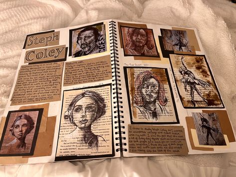 A range of portraits are placed in a sketchbook. They are all completed in watercolour and coffee. Tom Phillips Artist Research Page, Artist Sketchbook Pages, John Piper Artist Research Page, Art Sketchbook Presentation, Photography Artist Research Page, Art Sketchbook Gcse Inspiration, Artist Reaserch Page Layout, Artist Introduction Layout, Art Gcse Artist Research Page Layout