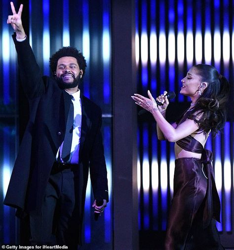 Ariana Grande wears THAT ring at iHeartRadio Awards stage for SURPRISE performance with The Weeknd | Daily Mail Online Ariana Grande Save Your Tears, Ariana Grande Performance, Someone Like U, Save Your Tears, Iheartradio Music Awards, Ariana Grande Style, Ariana Grande Photoshoot, Ariana G, Famous Singers