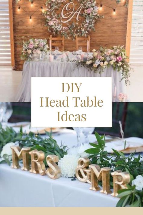 Make your wedding head table stand out with these DIY decor ideas! Whether you want something simple or extravagant, these tips will help you create a stunning setup. Your guests will be wowed by your creativity! Simple Wedding Table For Bride And Groom, Outdoor Wedding Sweetheart Table, Head Bridal Table Ideas, Head Table Wedding Decorations Rustic Fall, Head Table Seating Arrangement, Rustic Wedding Head Table Backdrop, Wedding Centerpieces Diy Long Tables, Diy Wedding Centerpieces Rustic Country Table Decorations, Main Table Wedding Decoration Simple