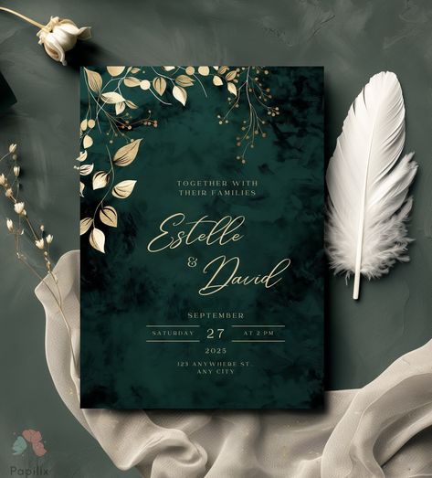 This wedding invitation beautifully combines the elegance of dark green with luxurious gold accents, creating a perfect blend of sophistication and nature-inspired charm. Designed with intricate gold leaves and botanical elements, this invitation is ideal for couples seeking a timeless and classy design for their special day. TRY BEFORE YOU PURCHASE Copy the link and paste it into your browser.   DEMO Link: https://www.canva.com/design/DAGKvxhoF5o/l1-tdthNVYlVY7QbD-GffA/view?utm_content=DAGKvxho Emerald Green And Black Wedding Invitations, Champagne Gold And Emerald Green Wedding, Everest Green Wedding, Green Gold Quinceanera Theme, Wedding Invitations Forest Green, Green Gold Champagne Wedding, Dark Green Theme Wedding, Forest Green Wedding Invites, Forest Green And Grey Wedding