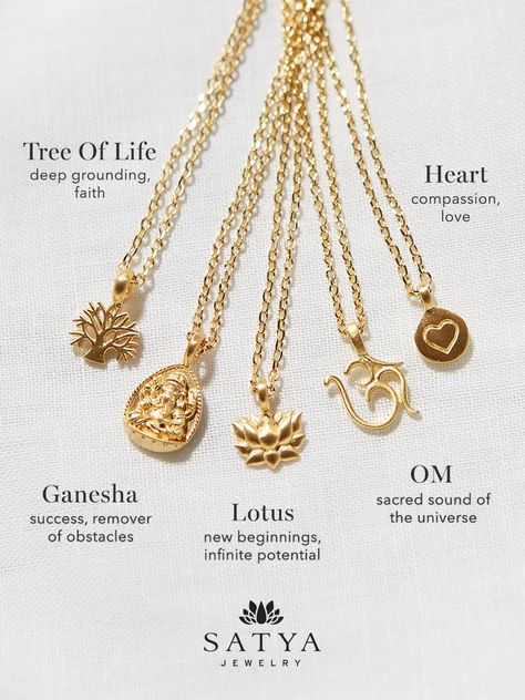 These 18KT gold plated meaningful necklaces will guide you on your journey. Give the gift of grounding, success, new beginnings, or love with our Tree of Life, Ganesha, Lotus or Heart Necklaces. You can even hold the sacred sound of the universe close to your heart with our Om necklace. Spiritual Necklace Gold, Meaningful Pendant Necklace, Om Necklace Gold, Pendent Design Gold, Om Pendent, Meaningful Jewelry Necklaces, Spiritual Gift Ideas, Meaningful Necklaces, Hindu Necklace