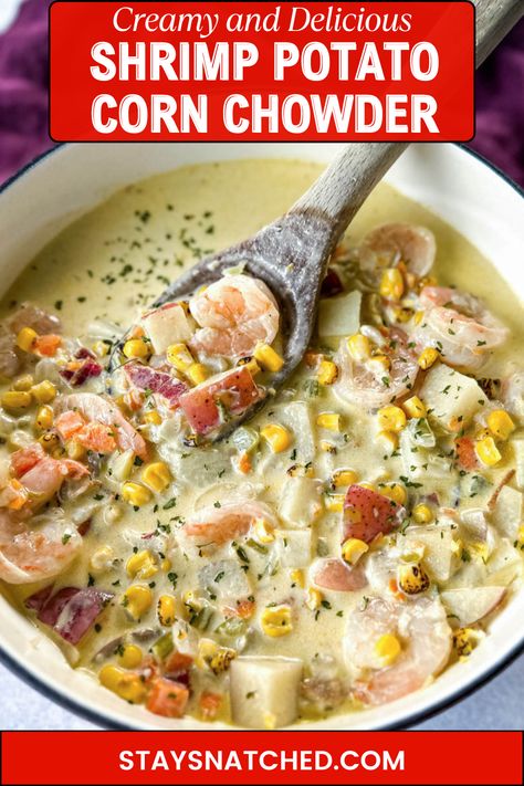 This Creamy Shrimp and Corn Chowder is irresistible comfort food at its finest! This hearty soup is loaded with succulent shrimp, sweet corn kernels, crispy, smoky bacon, and tender chunks of potatoes. The velvety broth pairs wonderfully with the vegetables to bring everything together. Shrimp And Corn Chowder, Crab And Shrimp Recipe, Shrimp Corn Chowder, Corn And Potatoes, Corn Bisque, Shrimp And Corn, Shrimp Chowder, Bacon Corn Chowder, Potato Corn Chowder