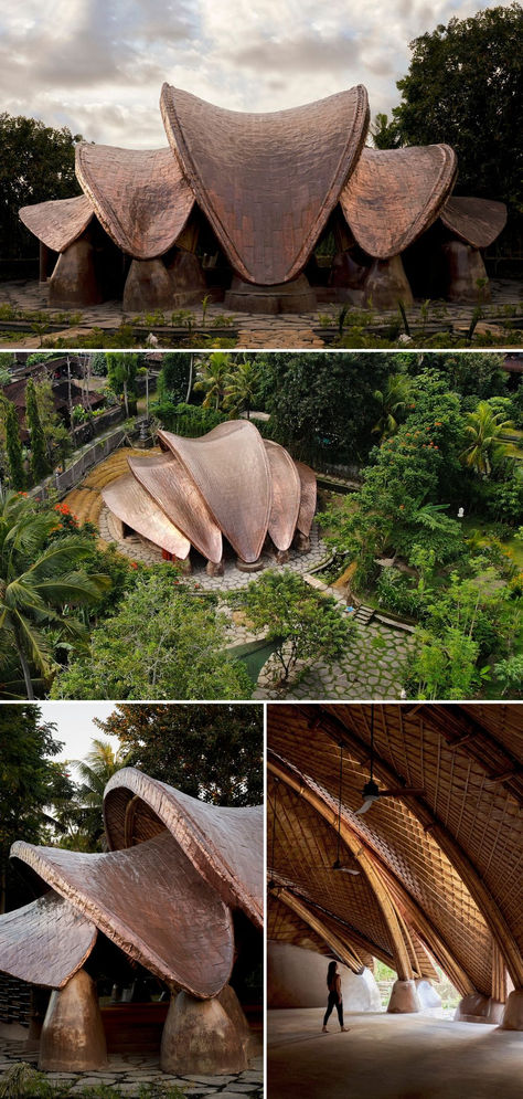 The Lumi Shala is a #wellness space at the Alchemy Yoga Center in #Bali. Featuring natural materials with artisanal and innovative systems, its form facilitates balance. Encircled by earthen walls that offer support for #yoga practices, it has a comforting sense of enclosure. #ArchitectureProjects #ArchitecturalDesign #OrganicArchitecture #ModernArchitecture #ArchitecturalInspiration #ArchitecturalPhotography Modern Nature Aesthetic, Bio Design Architecture, Nature Based Architecture, Natural Materials Architecture, Biomicry Architecture, Water Front Design, Organic Plans Architecture, Organic Form Architecture, Wellness Center Architecture