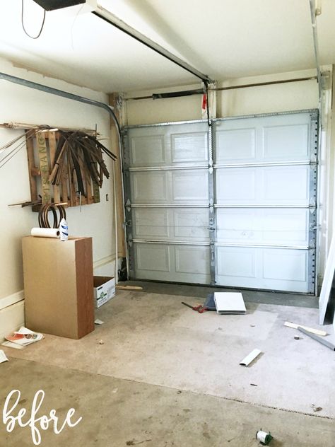 You won't believe the"AFTER" of this garage to office renovation! I'm obsessed with the @quickstepfloors White Wash Oak Planks from this makeover! #roomUP Fireplace Remodel Diy, Boys Space Room, Office Conversion, Bonus Room Office, Vibrant Office, Floor To Ceiling Cabinets, Garage To Living Space, Workbench Plans Diy, Garage Renovation