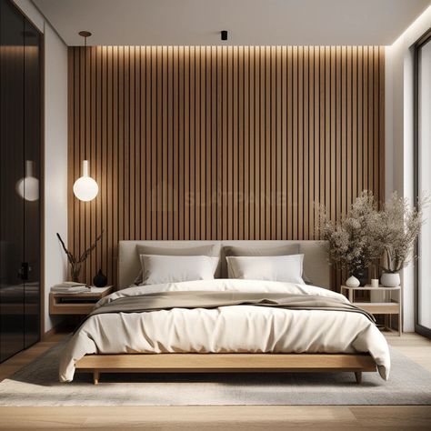 Wood Panel Bedroom, Benetti Yachts, Japandi Bedroom Design, Japandi Bedroom, Ceiling Panel, Wood Slat Wall, Wall Panels Bedroom, Curved Walls, Bedroom Panel