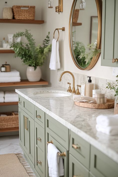 15 Sage Green Bathroom Ideas to Create a Calming Oasis – Elegant Inspo Sage Green Bathroom Ideas, Light Green Bathrooms, Sage Green Bathroom, Green Bathroom Ideas, Green Bathroom Vanity, Green Vanity, Cottage Bathroom, Bathroom Redesign, Cottage Kitchens