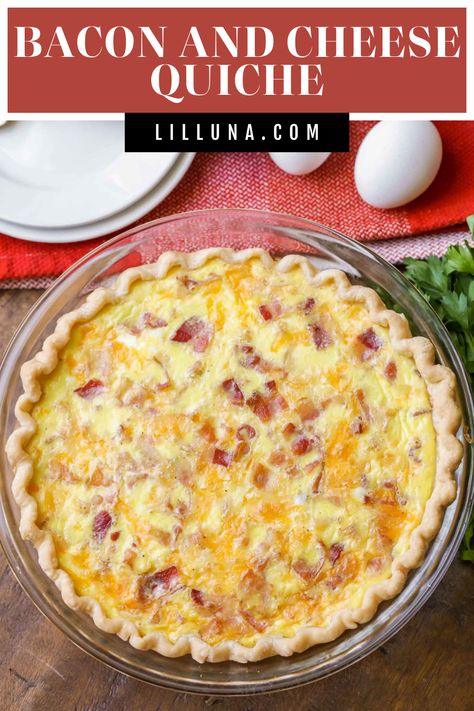 Bacon and Cheese Quiche is the perfect hot breakfast to share with a crowd. It's filling, savory, and full of delicious flavors. #quiche #quicherecipes #breakfastquiche #breakfast #baconandcheese Canadian Bacon Quiche, Bacon Cheddar Quiche, Bacon Quiche Recipe, Bacon And Cheese Quiche, Breakfast Favorites, Savory Breakfast Recipes, Thanksgiving Breakfast, Breakfast Quiche Recipes, Bacon Quiche