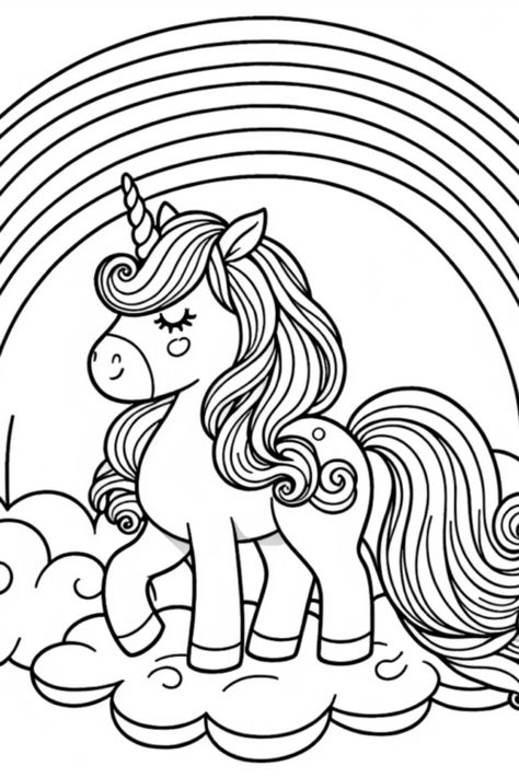 Bring your imagination to life with this enchanting coloring page featuring a joyful unicorn balancing on fluffy clouds under a dazzling rainbow. Perfect for kids and adults alike, this magical scene is sure to spark creativity! Download this free coloring sheet and dive into a world of colors while giving the unicorn a beautiful curly mane and tail Cloud Coloring Page, Unicorn Coloring Pages Free Printable, Forest Coloring Pages, Giraffe Colors, Penguin Coloring Pages, Happy Unicorn, Unicorn Coloring, Forest Adventure, Free Coloring Sheets