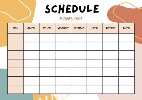 Yellow Organic Summer Camp Schedule - Templates by Canva Weekly Time Table Planner, Aesthetic Timetable Ideas, Class Time Table Chart Ideas, Time Table Template, Time Table Schedule, University Timetable, Schedule Wallpaper, Camp Schedule, Free Planner Inserts