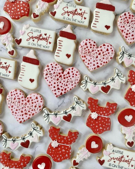 Red Theme Baby Shower Ideas, Sweetheart Baby Shower Cookies, Girl Theme Baby Shower Ideas February, Valentines Day Themed Baby Shower Ideas, Valentine’s Day Gender Reveal Theme, Valentine Baby Shower Cookies, February Baby Girl Shower Ideas, Baby Shower Ideas For February, Valentines Theme Baby Shower Ideas Boy