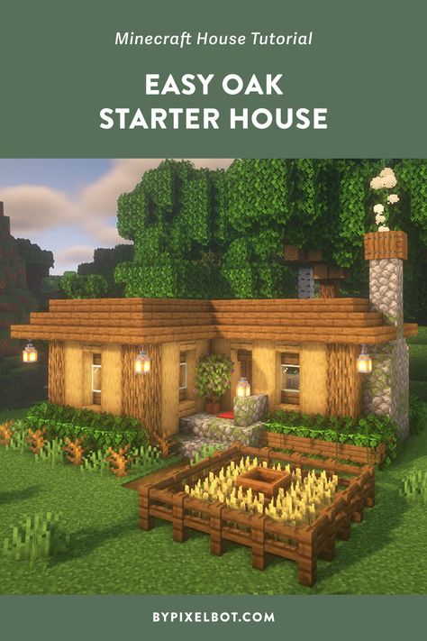 Minecraft: How to Build an Oak Starter House Wooden Minecraft House, Big Minecraft Houses, Minecraft Starter House, Cottage Minecraft, Minecraft Houses Survival, Rumah Minecraft Sederhana, Starter House, L Shaped House, Bangunan Minecraft