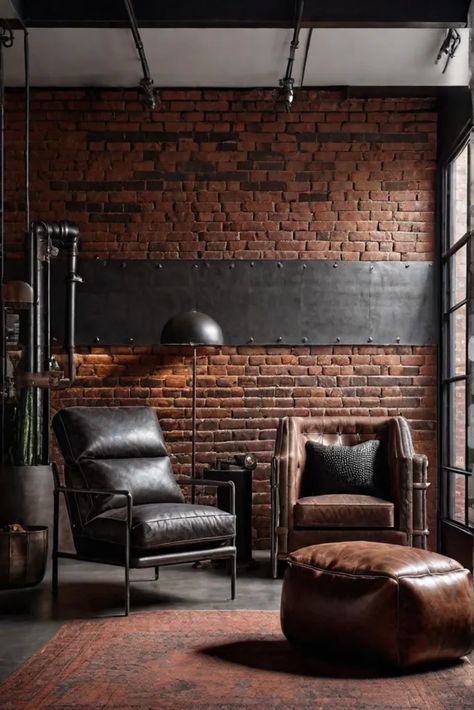 Industrial bedroom with exposed brick and metal accents Industrial House Lighting, New York Design Interior, Industrial Studio Design, Luxury Industrial Interior Design, Industrial Room Bedroom, Painted Brick Interior Wall, New York Bedroom Ideas, Minimal Industrial Interior, Industrial Loft Bedroom