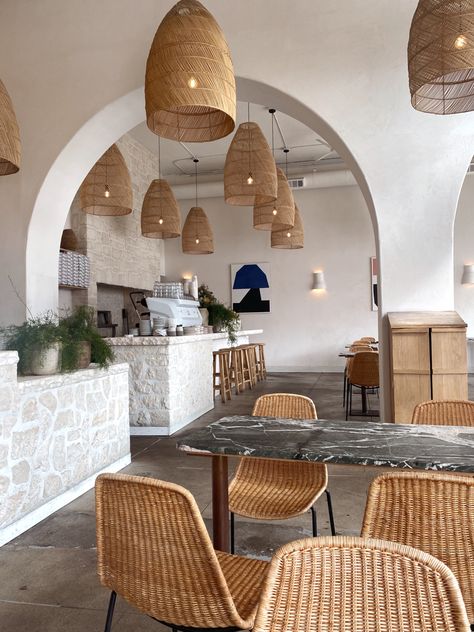 la travel foodie kitchen lights tan chairs art style Beachy Restaurant, Boho Style Restaurant, Thanlyin, Coastal Restaurant, Coastal Cafe, Boho Cafe, Boho Restaurant, La Travel, Modern Restaurant Design