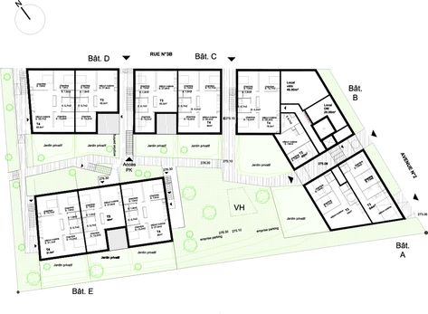 MAÎTRISE D’ŒUVRE POUR LA CONSTRUCTION DE 50 LOGEMENTS COLLECTIFS ET INTERMEDIAIRES POUR L’ÉCOQUARTIER “LES VAITES” À BESANCON... Ecoquartier - Logements intermédiaires - Terrasses - Balcons - Accès extérieurs - PLAN RDC L Apartment Plan, Air Pollution Poster, Plans Architecture, Apartment Plans, Pop Art Wallpaper, Master Plan, Air Pollution, Architecture Sketch, Art And Architecture