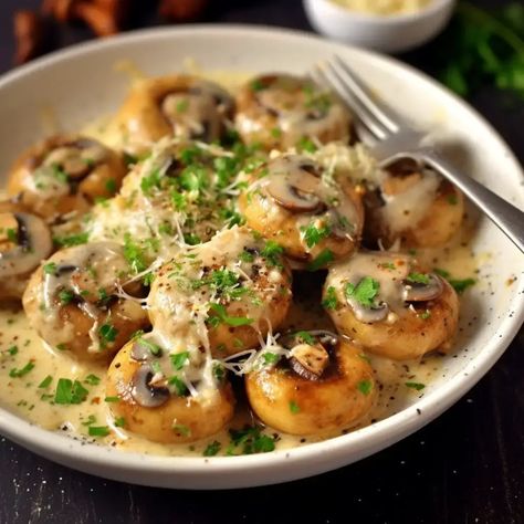 Garlic Mushrooms in Parmesan Cheese - Life with Susan Garlic Parmesan Mushrooms, Parmesan Mushrooms, Cream Cheese Chicken Enchiladas, Mushroom Side Dishes, Savory Sides, Orange Jello, French Onion Soup Recipe, Garlic Mushrooms, Hot Dishes