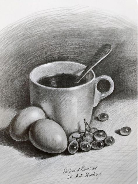 Pencil Sketch Of Objects, Sketches Pencil Objects, Food Colored Pencil Drawings, Still Life Pencil Shading Easy, Food Drawing Sketches Pencil, Pencil Painting Ideas, Painting Ideas Pencil, Still Life Art Drawing, Still Life Pencil Sketch