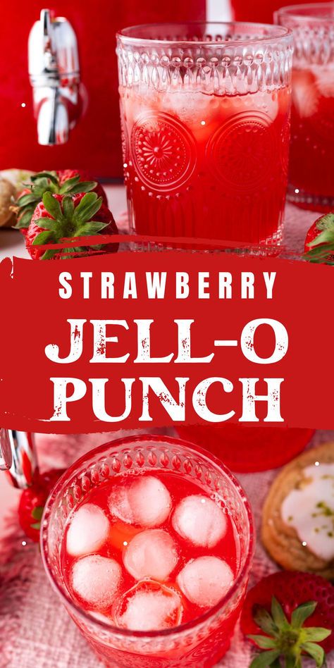 This is perfect for Memorial day, 4th of July or any summer picnic! Refreshing and festive strawbery red punch that has amazing flavor thanks to Jell-o.  This party punch will have your guests coming back for more. And it's a non-alcoholic punch recipe so  it is a family friendly drink. Drinks For Wedding Non Alcoholic, Summer Party Drinks Alcohol, 4th Of July Non Alcoholic Punch, Raspberry Themed Party, Kool Aid Punch Recipes, Jello Punch Recipes, Summer Non Alcoholic Punch, Red Punch Recipe Alcoholic, Picnic Drinks Non Alcoholic