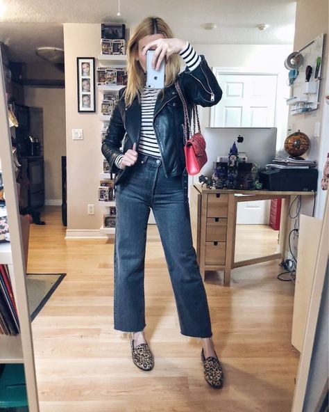 What I Wore this week | Striped Turtleneck | Leather Jacket | Levi's 501 Ribcage | Animal Print Loafers | Chanel bag | livelovesara Ribcage Jeans, Lit Outfits, Everyday Clothes, Mum Fashion, Jeans Outfit, Fashion Over 40, What To Pack, High Fashion Street Style, Outfits Casuales