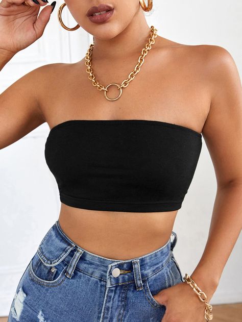 Bandeau Top Outfit, Bandeau Top Outfits, Strapless Top Outfit, Bandeau Outfit, Black Bandeau Top, Tube Top Outfits, Top Summer Outfits, Black Tube Top, Bandeau Tops