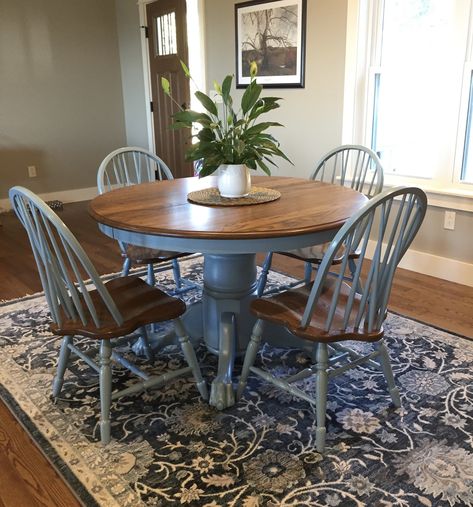 Round Country Kitchen Table, Painted Round Table And Chairs, Round Table Restoration, Renovate Old Dining Table, Circular Farmhouse Table, Old Table And Chairs Makeover, Old Table New Chairs, Paint Old Chairs Wood, Renovated Dining Table