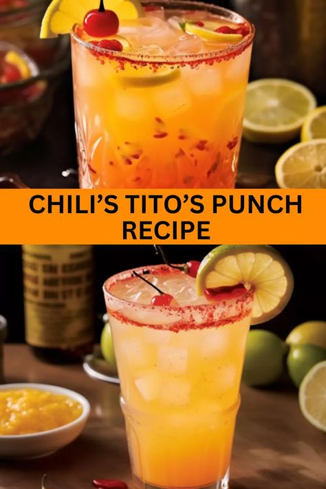 Looking for a delicious and refreshing cocktail to make at home? Try this easy Chili’s Tito’s Punch recipe that is perfect for parties and gatherings. With just a few ingredients, you can whip up this tasty drink in no time! Titos Punch Recipe Chilis, Tito Drink Recipes, Tito's Cocktails, Tito’s Punch Chili’s, Tito’s Recipes, Tito’s Punch, Cocktails With Titos, Tito’s Drinks, Titos Punch