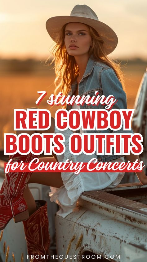 a woman wears red cowboy boots for country concerts, western outfits Womens Red Cowboy Boots, Game Day Outfit With Cowboy Boots, Cowboy Boots Outfit Fall Casual, Red Boots Concert Outfit, Red Tecovas Outfit, What To Wear With Red Boots, What To Wear With Red Cowboy Boots, Red Cowboy Boots Outfit Jeans, Western Boots Summer Outfit