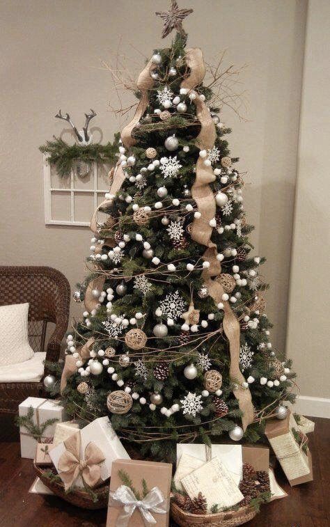 Christmas Tree Decorating Themes, Tree Themes, Farmhouse Christmas Tree, Christmas Tree Decorations Diy, Tree Decorating, Christmas Tree Inspiration, Ribbon On Christmas Tree, Pom Pom Garland, Christmas Tree Ideas