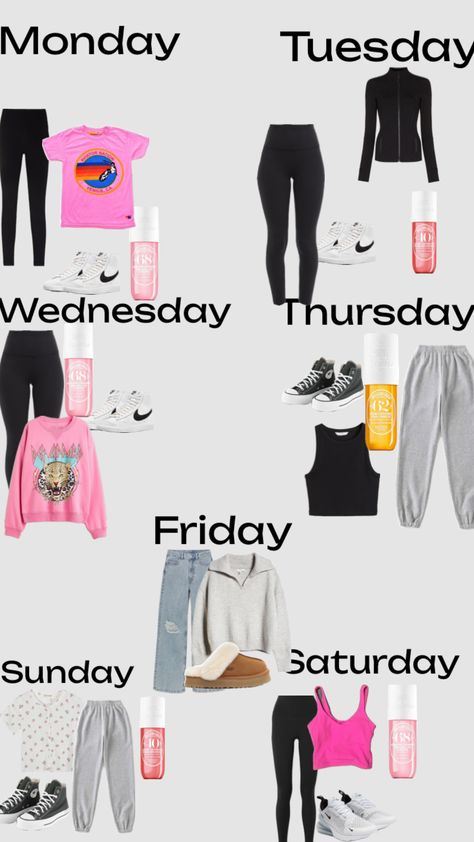 Oulfit based on the days of the week #preppy #outfitinspo Outfits For Week, Outfit Of The Week For School, What To Wear Each Day Of The Week, Preppy Outfits Of The Week, Weekly Outfits For School, Outfit Ideas For The Week, Days Of The Week Outfits, Fits Of The Week, Outfits For The Week