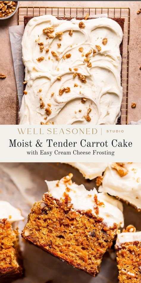 Swedish Carrot Cake, 9x13 Carrot Cake, Super Moist Carrot Cake With Cream Cheese Frosting, Carrot Cake Recipe Sheet Pan, Carrot Crumb Cake, Loaf Carrot Cake Recipe, Cream Cheese Filled Cake, One Layer Carrot Cake, Best Homemade Carrot Cake