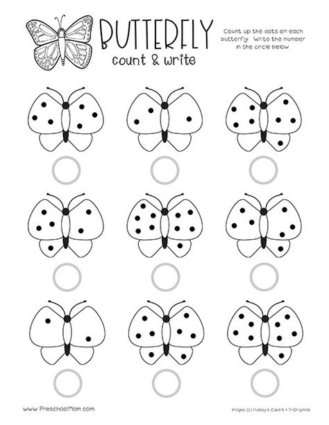 Free Butterfly Worksheets - Preschool Mom Butterfly Worksheets Kindergarten, Butterfly Counting Preschool, Butterfly Theme For Preschool, Butterfly Math Preschool, Butterfly Art For Preschoolers, Butterfly Lessons For Kindergarten, Butterfly Kindergarten Activities, Butterfly Math Activities Preschool, Insect Worksheets Preschool