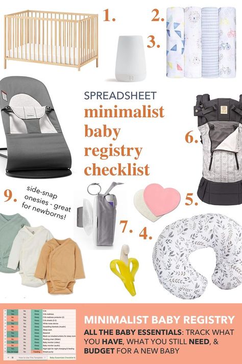 All the baby essentials you need. Track what you have, what you still need and budget for a new baby. From sleep essentials to breastfeeding, bathing, diapering, baby clothes and daytime play! #pregnancy #baby Baby Registry Checklist New Moms, Minimalist Baby Registry Checklist, Baby Registry Checklist Minimalist, 2023 Essentials, Minimalist Baby Registry, Baby Essential Checklist, Sleep Essentials, Crib Liners, Amazon Baby Registry