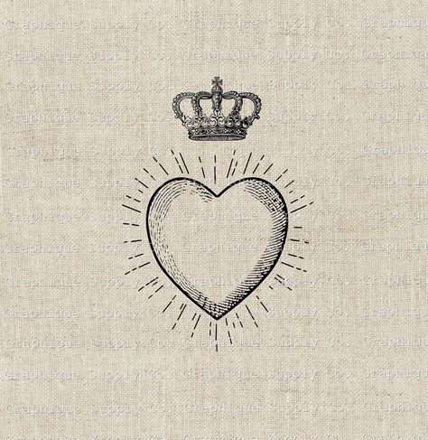 Heart Tattoo Vintage, Different Heart Designs, Vintage Crown Illustration, Vintage Heart Illustration, Crown Heart Tattoo, Heart Vintage Illustration, Vintage Heart Tattoo, Heart With Crown, Crown Illustration