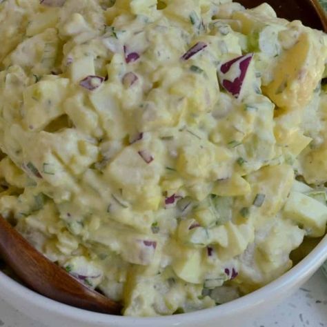 Grandma’s Dill Pickle Potato Salad - Small Town Woman Dill Pickle Potato Salad, Pickle Potato Salad, Creamy Cucumber Tomato Salad, Potato Salad Mustard, Homemade Potato Salads, Dill Potatoes, Grilled Pork Tenderloin, Mustard Pickles, Creamy Cucumbers