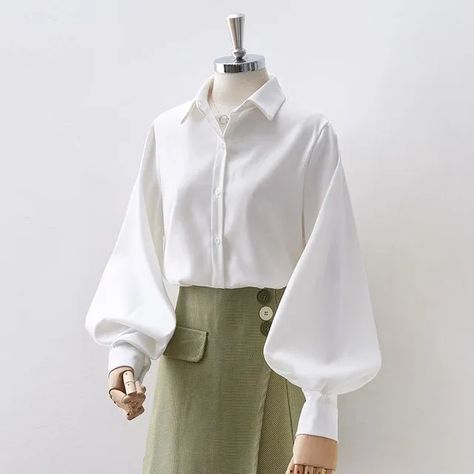 Vintage Shirts Women, Fashion Button Up Shirt, Elegant White Blouse, Women Chiffon Blouse, Lantern Sleeved Blouses, Straight Clothes, Women White Blouse, Elegant Blouses, Shirts Women