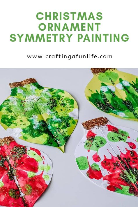 Ornament Projects For Preschool, Christmas Ornament Symmetry Painting, Christmas Bell Art Preschool, Christmas Art Project For Toddlers, Christmas Painting Activities For Kids, December Crafts Preschool Easy, Christmas Symmetry Art For Kids, Holiday Art Projects For Toddlers, Preschool Christmas Room Decor