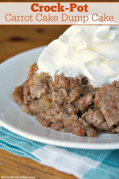 Crock-Pot Carrot Cake Dump Cake - With just 3 ingredients  a box of carrot cake mix you can create a dessert your family is going to love with this tasty Crock-Pot Carrot Cake Dump Cake! [Low Sodium  Vegetarian] #CrockPotLadies #CrockPot #SlowCooker #CarrotCake #DumpCake #Dessert #5IngredientsOrLess Carrot Cake Dump Cake, Carrot Dump Cake, Crockpot Carrots, Carrot Cake Dessert, Crockpot Cake, Gluten Free Cake Mixes, Dump Cake Recipe, Moist Carrot Cakes, Crock Pot Desserts