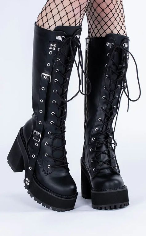 ASSAULT-218 Black Vegan Knee Boots-Demonia-Tragic Beautiful Goth Black Boots, Gothic High Heel Boots, Knee Long Boots Outfit, Goth Boots Platform, Grunge Combat Boots, Goth Boots Aesthetic, Punk Platforms, Alt Boots, Botas Grunge