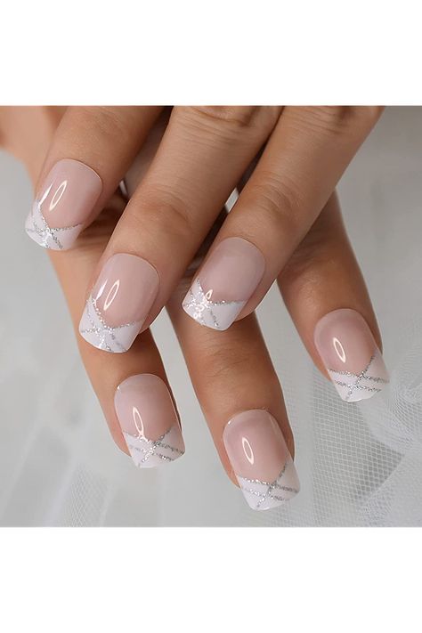 French Nail Gel Designs, Silver Tip French Manicure, French Acrylic Nails Squoval, French Tip Nails With Sparkle Line, White Nail Tip Designs, Air Force Nails Designs, White Tip With Glitter, White With Silver Glitter Nails, French Manicure Dip Nails