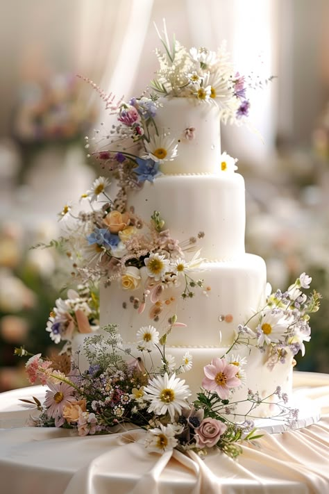 70+ Enchanting Wildflower Wedding Cakes That Will WOW | Matched Hearts Wedding Cakes Real Flowers, Garden Inspired Wedding Cake, April Wedding Cake, Budget Wedding Cake Ideas, Wedding Food Simple, Whimsical Garden Wedding Cake, Spring Flower Wedding Cake, Spring Floral Arrangements Wedding, Garden Theme Wedding Cake