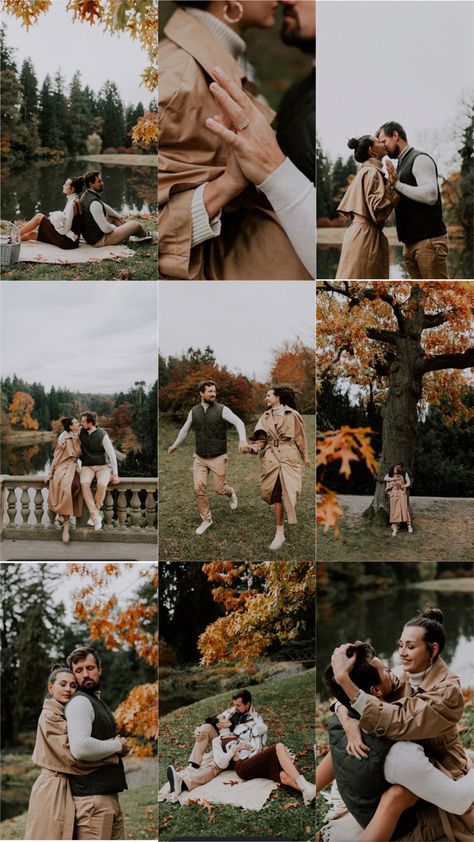 Couple Photoshoot In Autumn, Photoshoot Fall Outfits, Autumn Outfit Photoshoot, Autumn Pre Wedding Photoshoot, Fall Prewedding Photoshoot, Fall Prenup Shoot, Engagement Fall Photos Outfits, Couple Poses Autumn, Couple Prenup Shoot