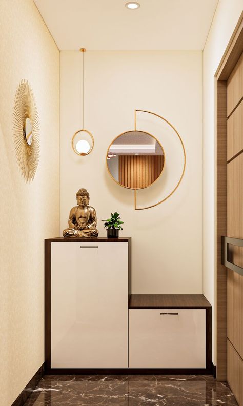 Beige Foyer Design With Buddha Statue Flat Entrance Lobby Design, Foyer Design Modern Entrance, Entrance Lobby Design, Entrance Foyer Design, Lobby Furniture, Home Decor Wallpaper, Lobby Interior Design, House Interior Design Styles, Hall Interior Design