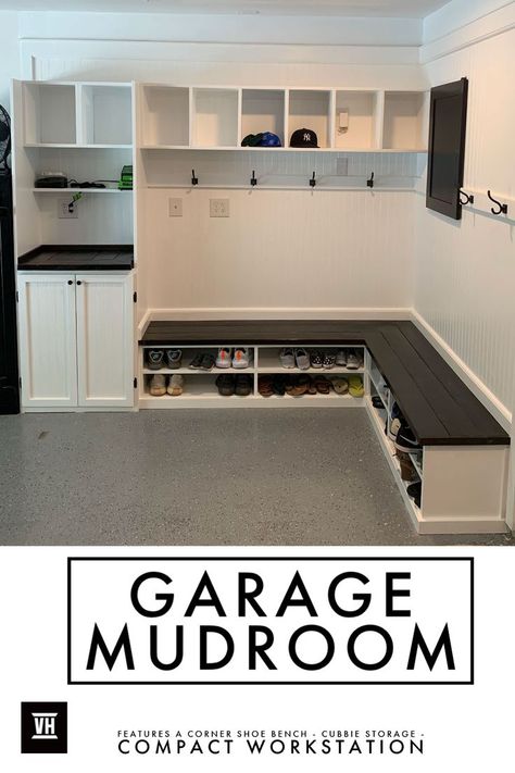 Corner Shoe Bench, Shoe Storage For Garage, Storage For Garage, Garage Shoe Storage, Beadboard Walls, Bench With Cubbies, Mud Room Garage, Garage Entryway, Garage Mudroom