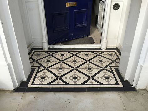 Pathway Tiles, Victorian Path, Tile To Wood Transition, Victorian Mosaic Tile, Hall Tiles, Tiled Staircase, Mosaic Floor Tiles, Front Door Steps, Victorian Porch