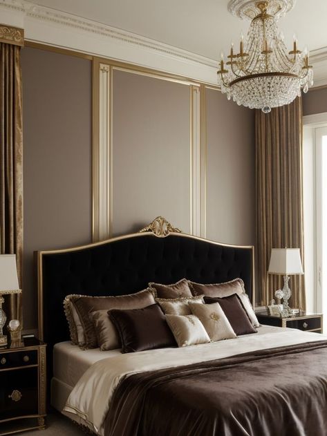 Royal Bedroom Aesthetic, Royal Bedroom Ideas, Royal Luxury Bedroom Design, Dark Headboard, Royal Bedroom, Dark Wood Furniture, Silk Curtains, Luxury Bedroom Design, Dark Home Decor